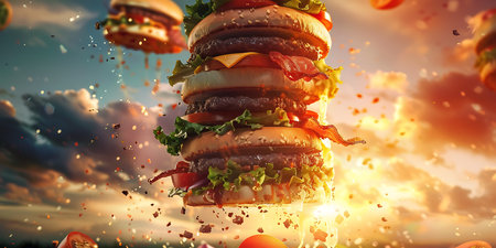 Hamburger with flying ingredients. 3d rendering toned imageの素材