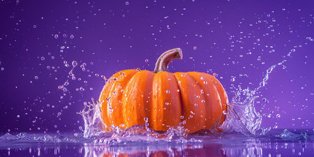 Pumpkin in water splash on purple background. Halloween concept.の素材