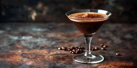 Coffee cocktail in martini glass with coffee beans on dark backgroundの素材