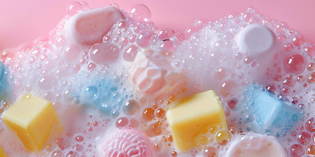 Soap foam and soaps on a pink background close-upの素材