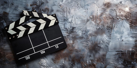 Movie clapper board on grunge background, top view with copy spaceの素材