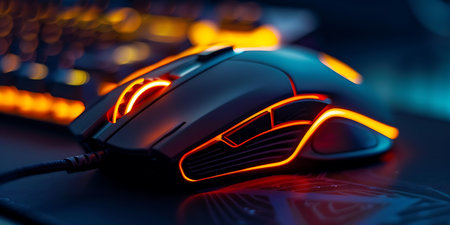 Computer mouse with led light, close-up. Selective focusの素材