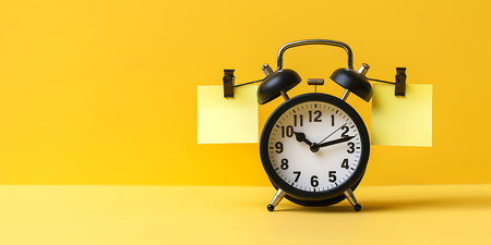 Alarm clock and sticky note on yellow background. Time management conceptの素材