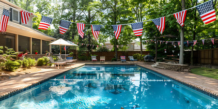 Swimming pool with american flags in a private house in the summerの素材