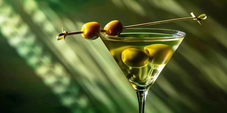 Martini with olives on a green background, close-upの素材