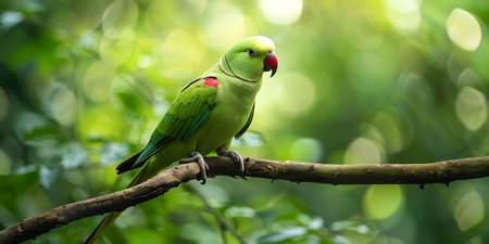 Green parakeet on a branch in a tropical rainforest.の素材