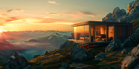 3d rendering of a modern house in the mountains at sunset.の素材