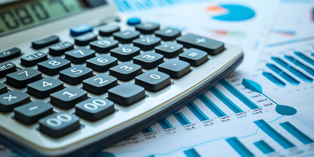 calculator on the table with stock market graphs and financial reportsの素材