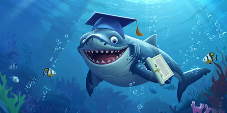 Shark with graduation cap and diploma in the deep blue sea illustrationの素材