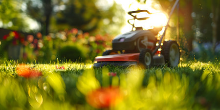 Lawn mower cutting grass in the garden at sunset. Gardening conceptの素材