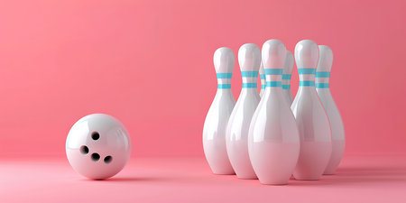 Bowling ball and pins on pink background. 3D illustration.の素材