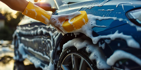 Woman washing her car with sponge and foam. Close-up.の素材
