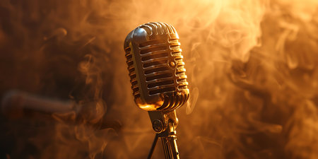 Retro microphone on a background of fire. Close-up.の素材