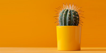 Cactus in yellow pot on orange background. Minimal concept.の素材