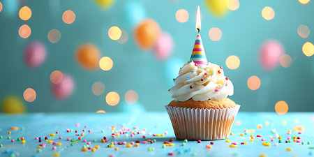 Birthday cupcake with candle on table against bokeh backgroundの素材