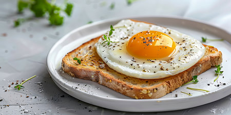 Fried egg on toast with herbs and spices on a light backgroundの素材