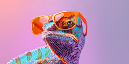 Close-up of colorful chameleon wearing orange sunglasses. 3d renderingの素材