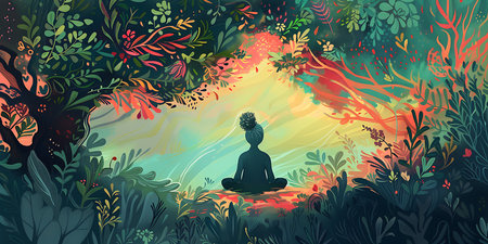 Meditation in the forest. Vector illustration of a meditating Buddha.の素材