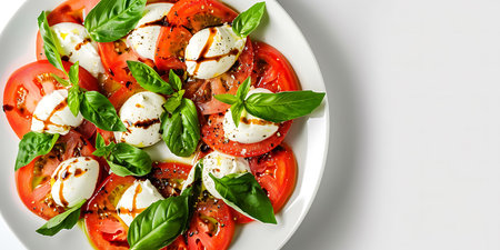 Caprese salad with tomatoes, mozzarella and basil on white backgroundの素材
