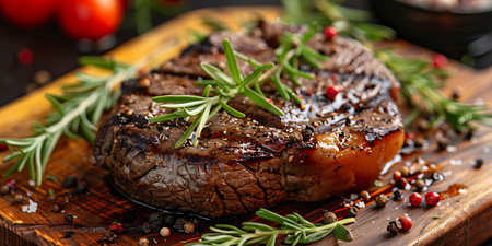 Grilled beef steak with rosemary and spices on a wooden boardの素材