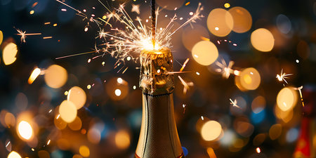 Champagne bottle with sparklers on bokeh background, close upの素材
