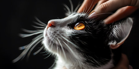 Black and white cat in the hands of a woman on a black backgroundの素材