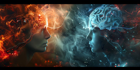 Digital composite of brain and human in digital interface with red and blue lightsの素材