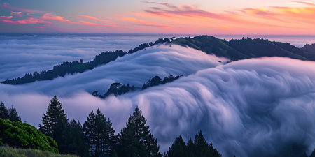 Panoramic view of the sea of clouds from the top of the mountain at sunsetの素材
