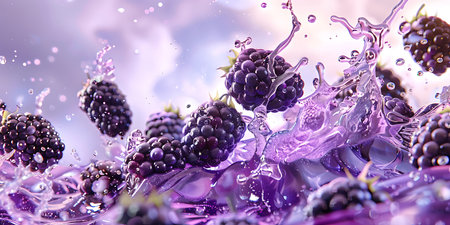 Blackberries in ice with splashes of juice. 3d illustrationの素材