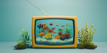 Tropical fish in an old TV. Underwater world.の素材