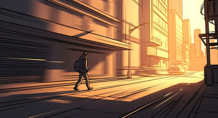 A man walks along a street in the city. 3d renderingの素材