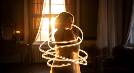 Silhouette of a beautiful woman with a light painting in the interiorの素材