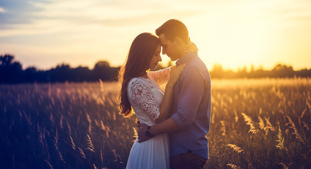 Beautiful couple in love kissing and hugging in a field at sunsetの素材