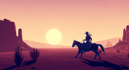 Cowboy on horseback in desert at sunset. Vector illustration.の素材