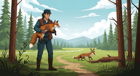 Vector illustration of a hunter with a fox in his hand in the forestの素材