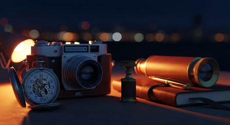 Retro camera, pocket watch, binoculars and map.の素材