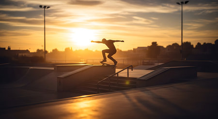 Skateboarder jumping over a ramp at sunset. Skateboarding conceptの素材
