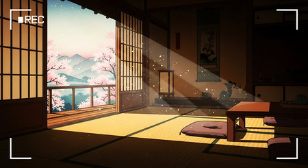 Illustration of a Japanese room with a window overlooking the Japanese gardenの素材