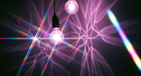 Light bulbs with colorful lighting effect on a dark background. 3d renderingの素材