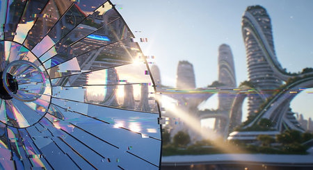 Reflection of skyscrapers in glass with lens flare effect.の素材