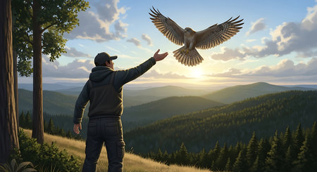 Man with a bird of prey in his hand. 3d renderの素材