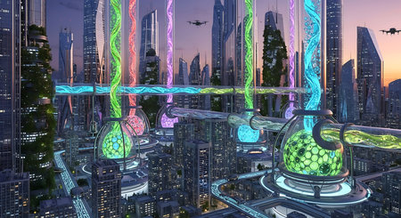 3D illustration of a futuristic city at night with neon lights in the foregroundの素材