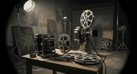 Vintage movie projector and film reel on the table. 3d renderingの素材