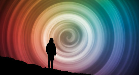 Silhouette of a woman standing on top of a mountain.の素材