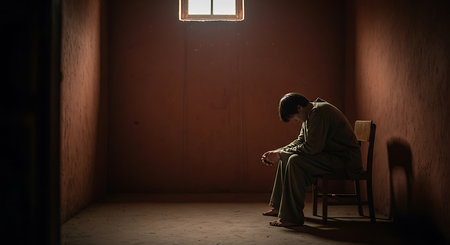 Young Muslim Man Praying in the Dark Room with Light Beamsの素材