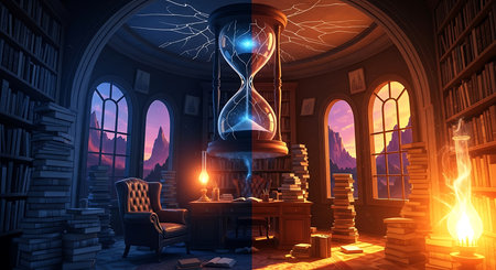 Conceptual image with an hourglass in the interior of a medieval castleの素材