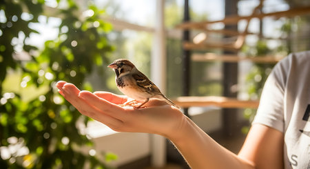 Little sparrow sitting on the palm of a woman's hand.の素材