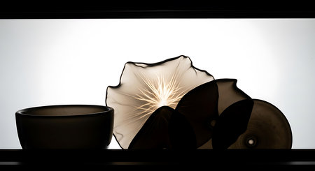 A pair of black bowls with a white flower on a white backgroundの素材