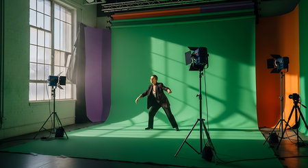 Male model posing in front of a camera in a photo studio.の素材