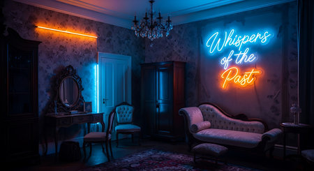 Interior of a living room with a neon sign on the wall.の素材